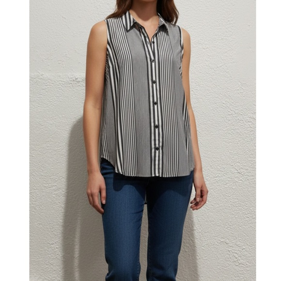 Express Tops - Express Long Shirt Striped Dark Grey and White Sleeveless Size Large
